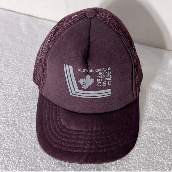 Vintage 1987 Burgundy Western Canadian Hockey Tourney Mesh Back Trucker Hat